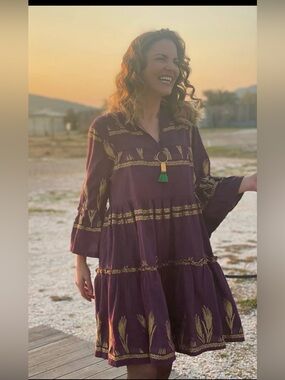 Haris Cotton Purple Tiered Gold Embroidered Wheat Midi Boho Chic Dress Size S